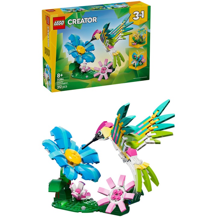 Set de constructie LEGO® Creator 3 in 1 Animale salbatice: Colibri colorat Decoratiune 31384, Jucarii pentru Fete si Baieti, Jucarii pentru Copii, Idee de Cadou pentru Copii