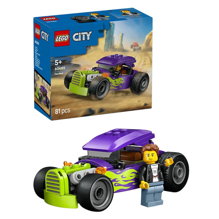 Set de constructie LEGO® City Vehicul hot rod 60485, Jucarii pentru Copii de 5+ ani, Jucarii pentru Baieti, Masina de Jucarie, Idee de Cadou pentru Copii