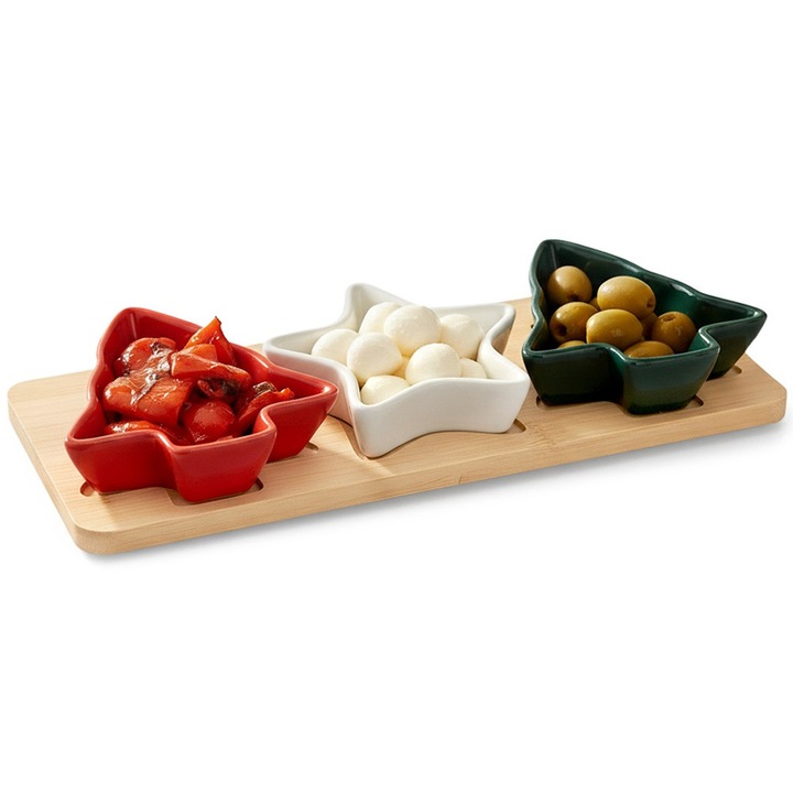 Set de servire pentru gustari, Artemis, 4 piese, portelan multicolor, dimensiuni 28,5x12,5x3,5cm