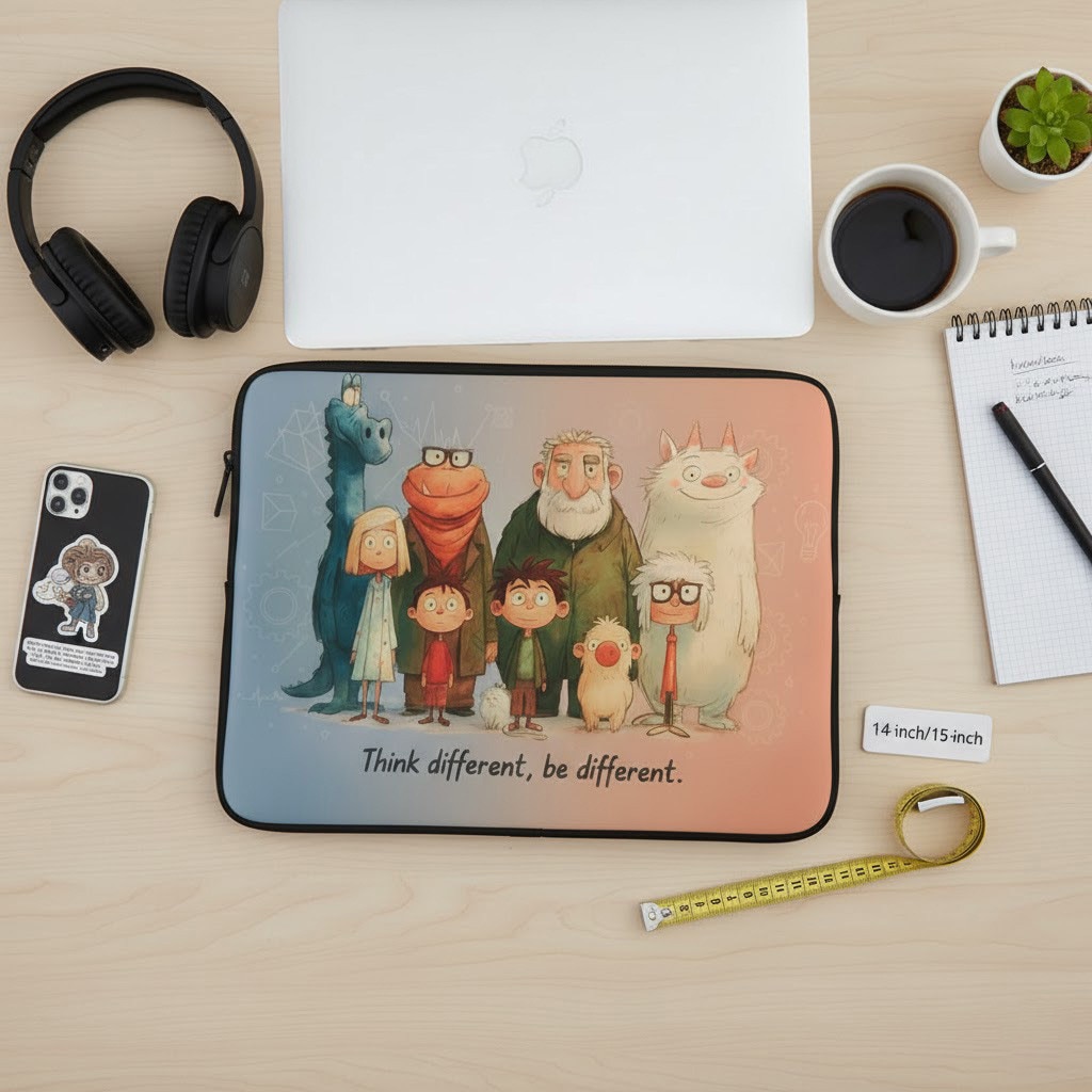 Husa Laptop 14/15 Inch – Design Artistic „Echipa Vesela” – Stil Desen Animat, Imprimare Dubla Fata, Protectie Anti-Soc si Impermeabila, Interior Moale din Material Tip Neopren, Model Colorat