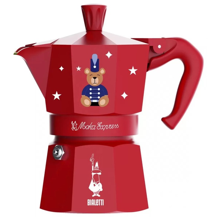 Cafetera Bialetti Moka Express 3tz 150 ml, aluminiu, roșu, Joyful Christmas