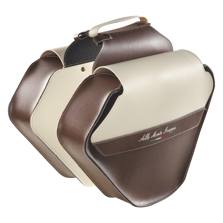 Geantă dublă de designer pentru bicicletă cu mâner pentru portbagajul bicicletei FASHION 0028 din piele ecologică italiană SKAI de lux, culoare crem maro Scencano