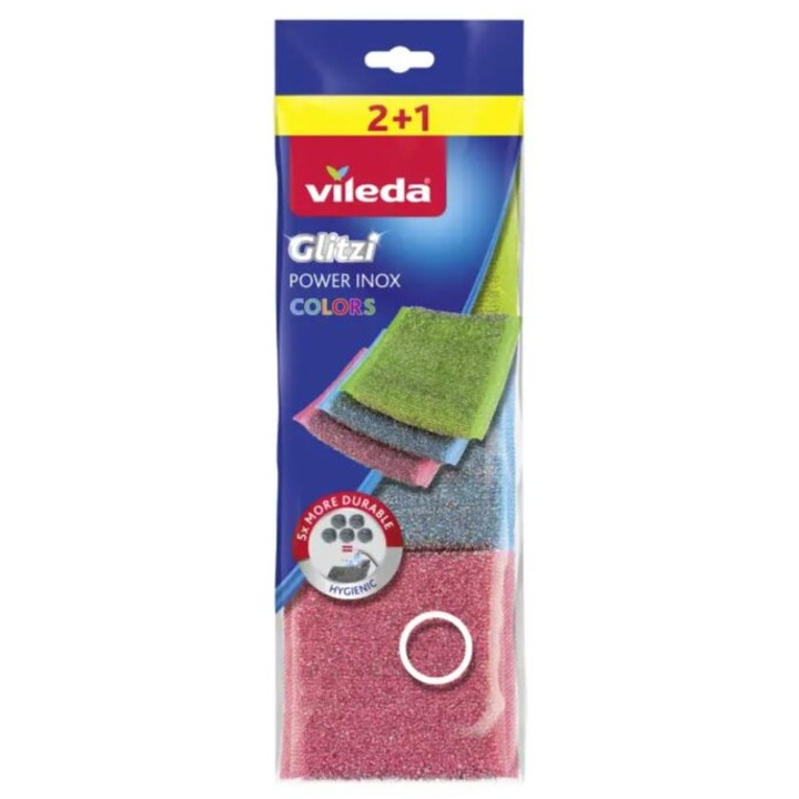 Vileda Glitzi Power Inox súrolószivacs, 3 darabos készlet, hab és acél, 6x4x6cm, többszínű