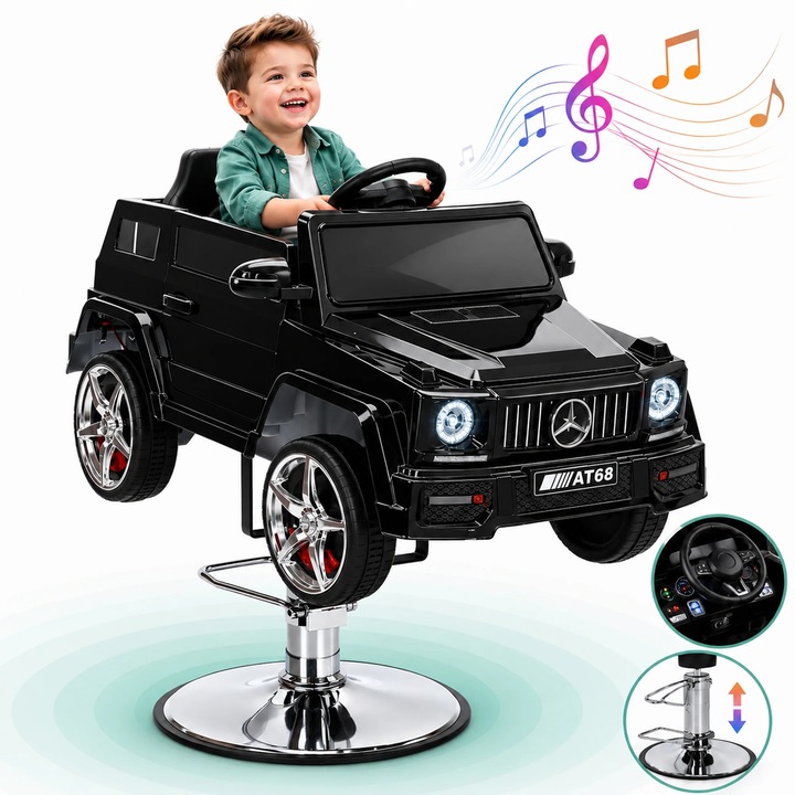 Детско столче за кола за фризьорски салон модел G-Class - Интерактивна седалка с Bluetooth, Предпазен колан и регулиране на височината, Метална основа, Премиум изживяване за салони и бръснарници, Черен