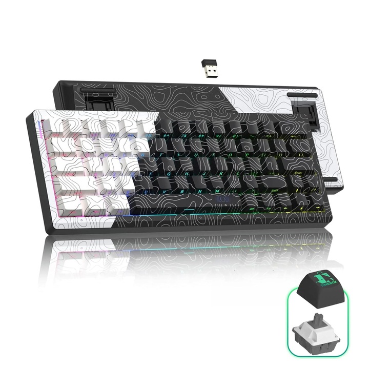 Timebox vezeték nélküli mechanikus billentyűzet, 60%, 3 üzemmód (Bluetooth + 2.4G + USB-C), 3/5 tűs, hot-swap lineáris kapcsolók, csendes tömítés, PBT billentyűsapkák RGB világítással, 3000mAh akkumulátor, Windows és Mac kompatibilis, fehér