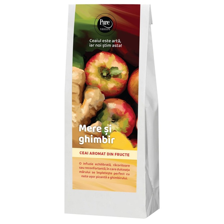 Ceai aromat MERE & GHIMBIR, infuzie fructat picanta cu ghimbir, mere, papaya si petale de trandafir, 70g, Pure Therapy