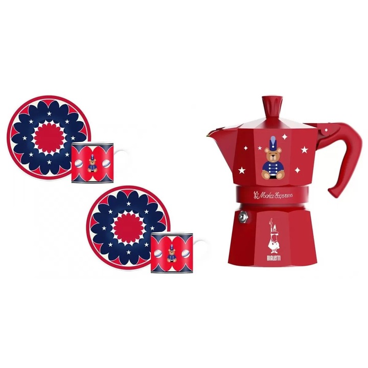 Set Cafetiera Moka Bialetti Express 3TZ 150 ml Joyful Christmas + 2 Cesti 80ml si Farfurioare