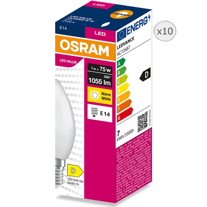 Pachet 10 becuri LED OSRAM B75, E14, 7W (75W), 1055 lumeni, lumina calda (2700K), clasa energetica D