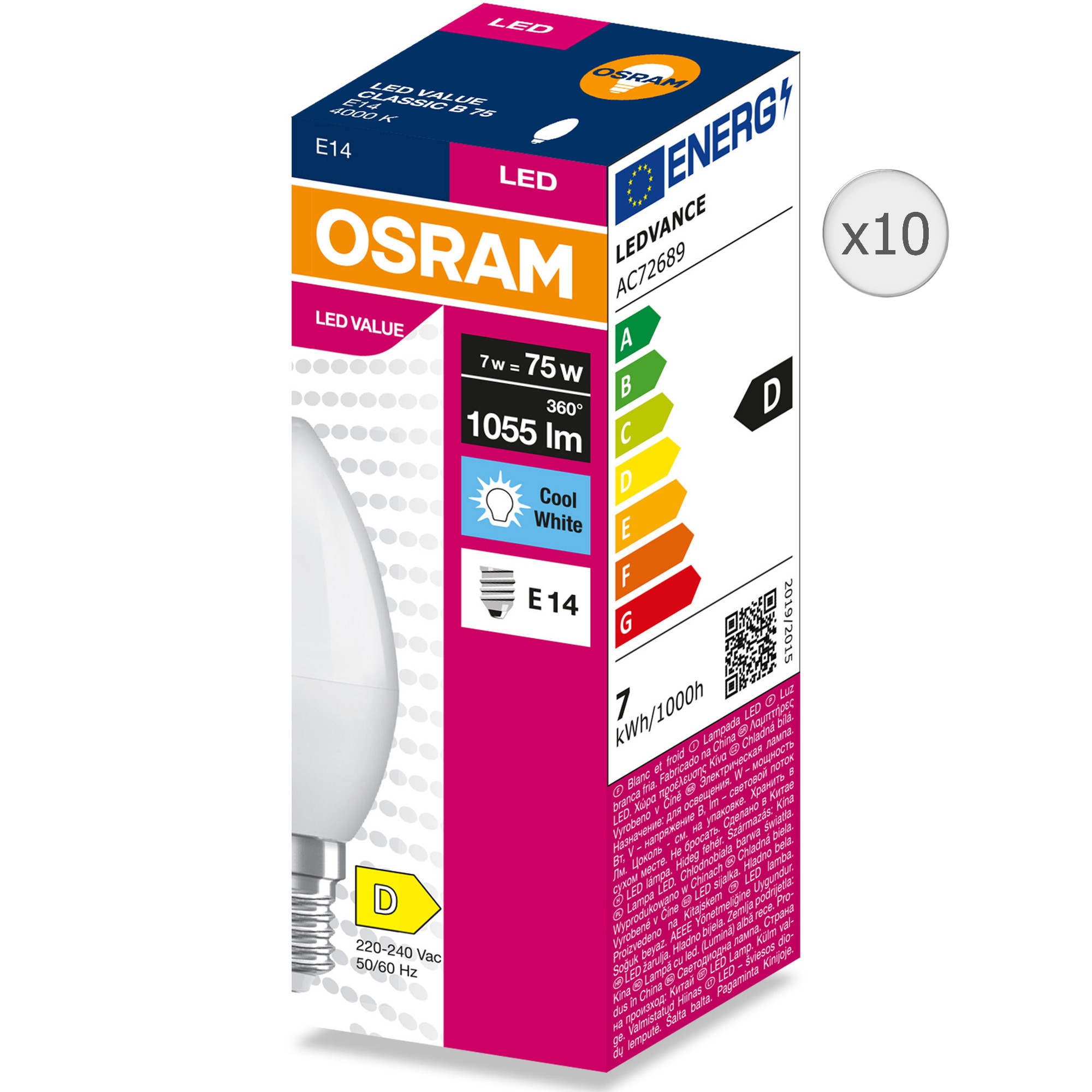 Pachet 10 becuri LED OSRAM B75, E14, 7W (75W), 1055 lumeni, lumina neutra (4000K), clasa energetica D