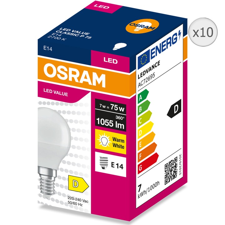 Комплект 10 крушки LED OSRAM P75, E14, 7W (75W), 1055 лумена, Топла светлина (2700K), Енергиен клас D