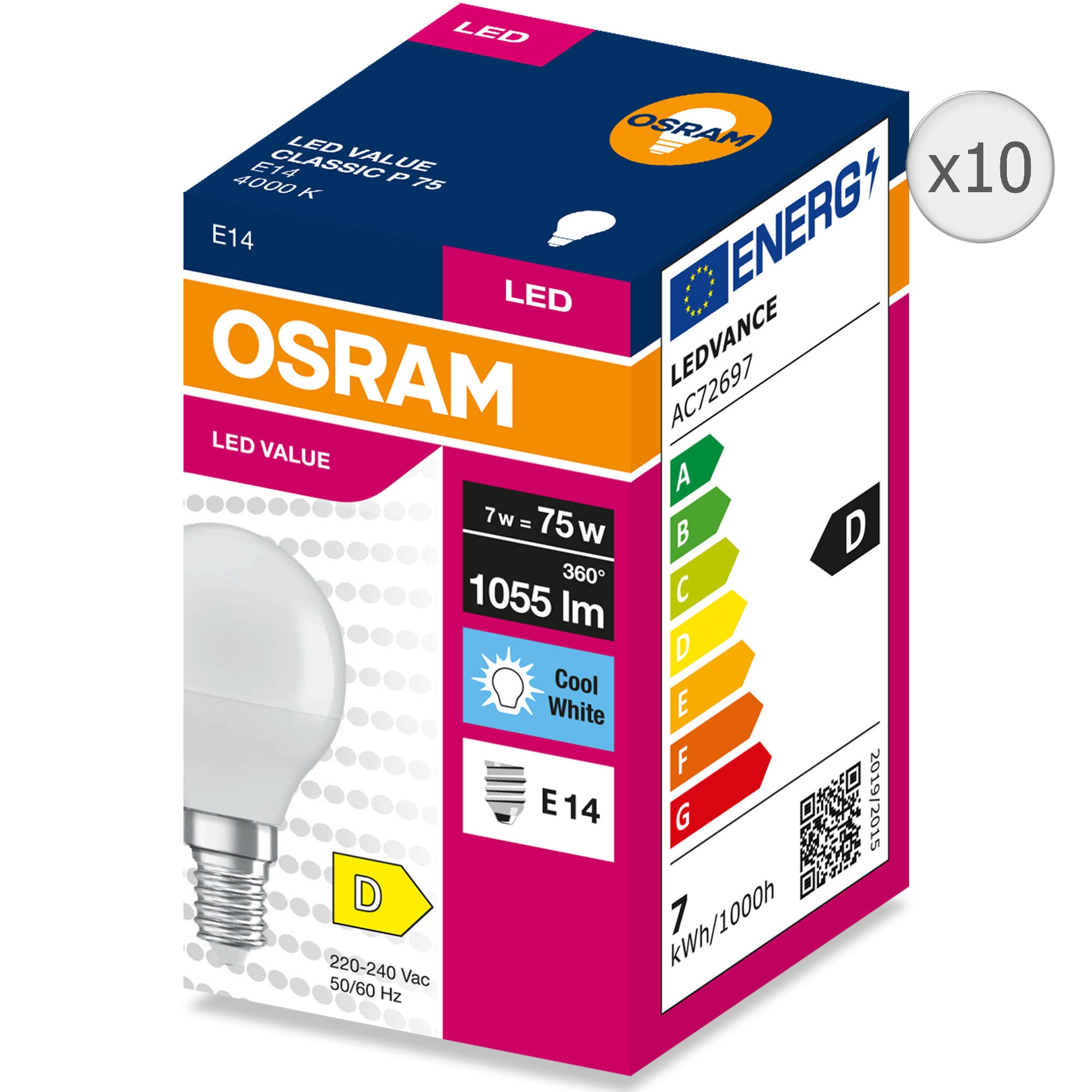 Pachet 10 becuri LED OSRAM P75, E14, 7W (75W), 1055 lumeni, lumina neutra (4000K), clasa energetica D