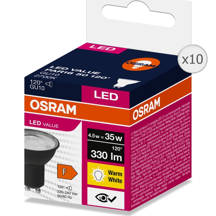 Комплект 10 крушки LED OSRAM GU10, 120°, 4.5W (35W), 330 лумена, Топла светлина (2700K), Енергиен клас F, Черен