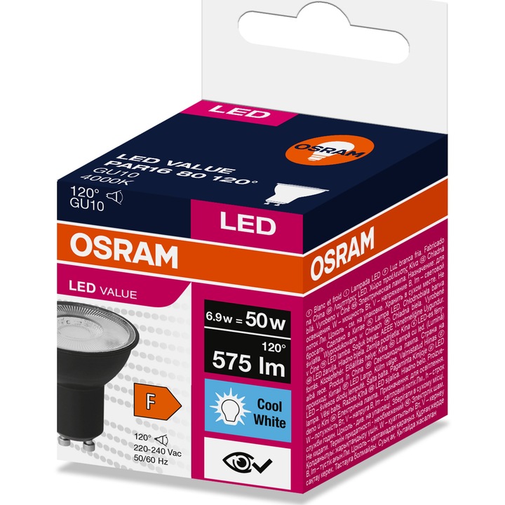 Pachet 10 becuri LED OSRAM GU10, 120 °, 6.9W (50W), 540 lumeni, lumina neutra (4000K), clasa energetica F, Negru