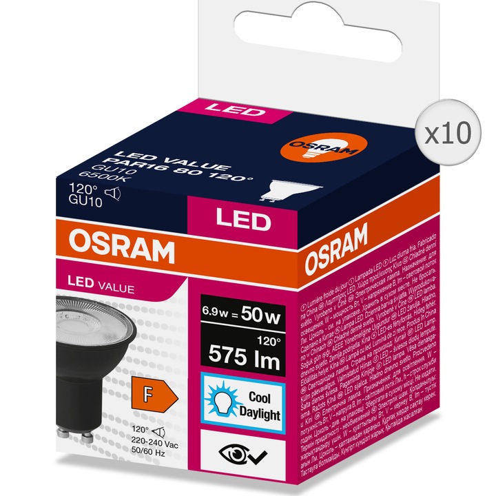 Pachet 10 becuri LED OSRAM GU10, 120 °, 6.9W (50W), 540 lumeni, lumina rece (6500K), clasa energetica F, Negru
