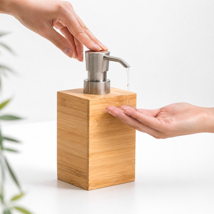 Dozator de Sapun Sferique, Dispenser de Sapun lichid si Sampon, din Bambus Natural, pentru Baie si Bucatarie, 350ml, Interior Din Plastic, Umplere Usoara, pentru Sapun Lichid, Gel de Dus sau Detergent Vase