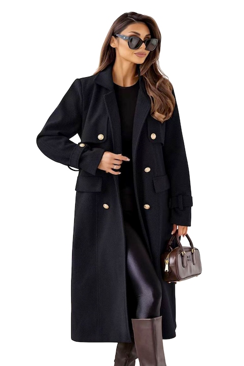 Pardesiu office, cu nasturi VITTORIA si cordon asortat, Negru, Marime universala S/M, FashionForYou