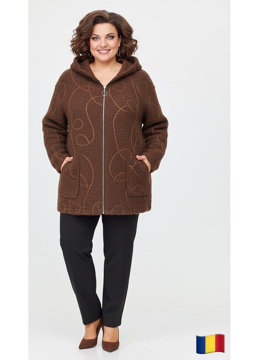 Palton scurt, stofa bucle, marime universala, culoare maro, cu fermoar