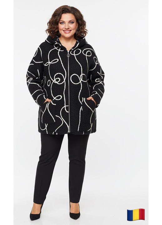 Palton scurt, stofa bucle, marime universala, culoare negru, cu fermoar