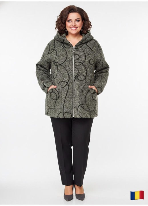 Palton scurt, stofa bucle, marime universala, culoare gri inchis, cu fermoar