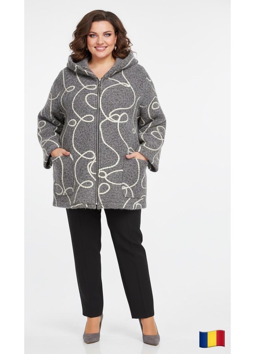 Palton scurt, stofa bucle, marime universala, culoare gri deschis, cu fermoar