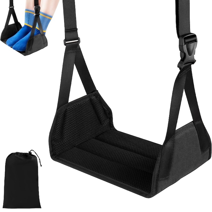 Hamac Portabil pentru Picioare cu Placa Detasabila KuviKoo™, Suport Ergonomic Reglabil pentru Avion, Birou, Tren si Acasa, Usor de Transportat, Materiale Rezistente, 150kg Capacitate, Marime Compacta