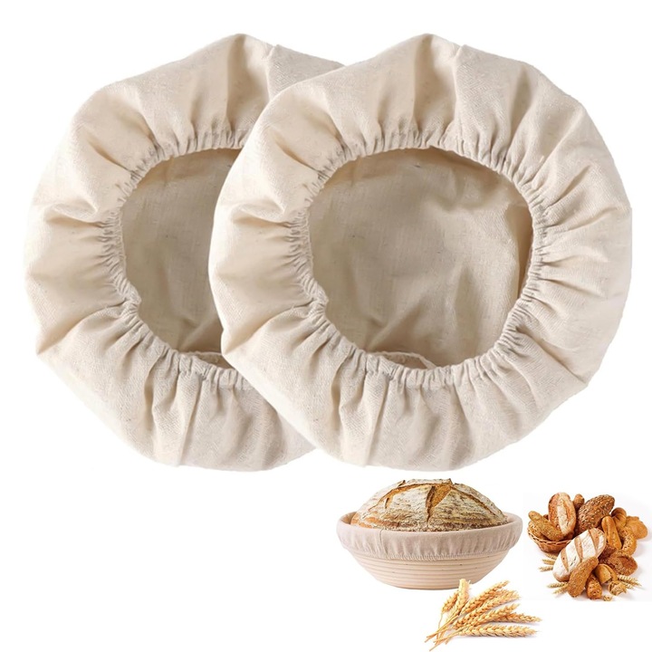 Set 2 Panze pentru Dospit Paine, Bumbac si In, Rotund 18 cm, Modelabile, Anti-lipire