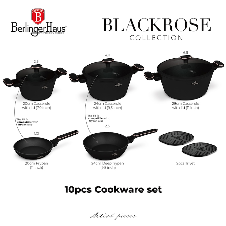 Комплект тенджери и тигани Berlinger Haus Black Rose, 10 части, алуминий, вместимост 4 л