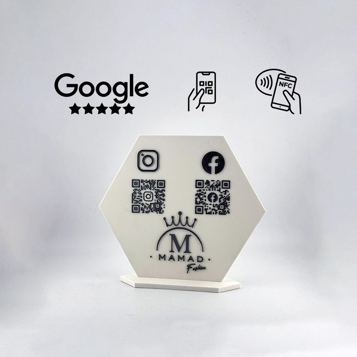 Google/Közösségi média vélemények megjelenítése, QR/NFC kód, Egyszerű szkennelés telefonnal, állandó érvényességű link, 3D Market®