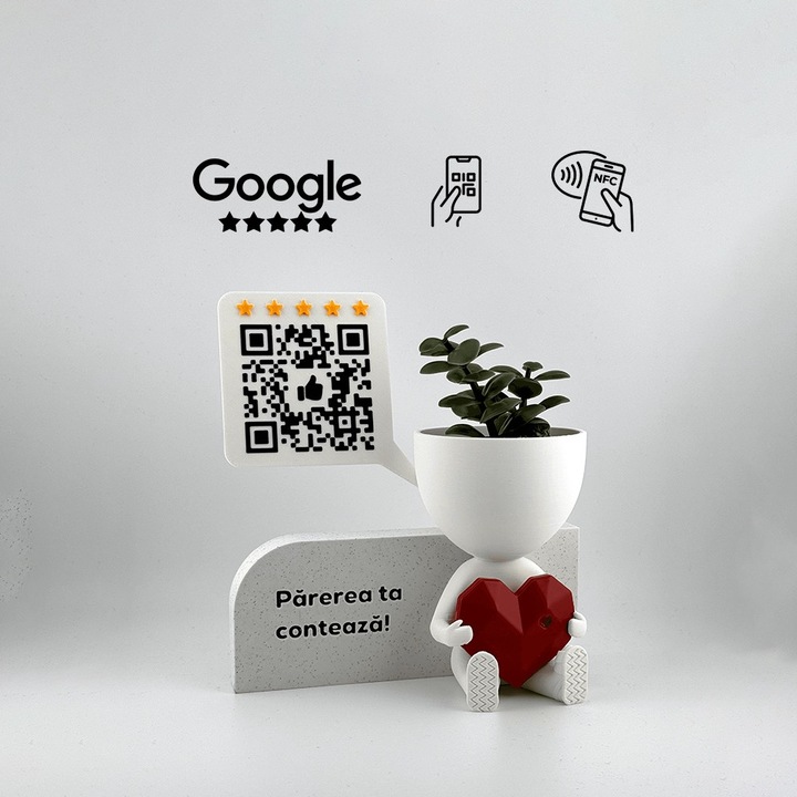 Figurina recenzii Google/Cadou antreprenor, cod QR si NFC, suport plante, Scanare Usoara cu Telefonul, link cu valabilitate permanenta, 3D Market®, alb