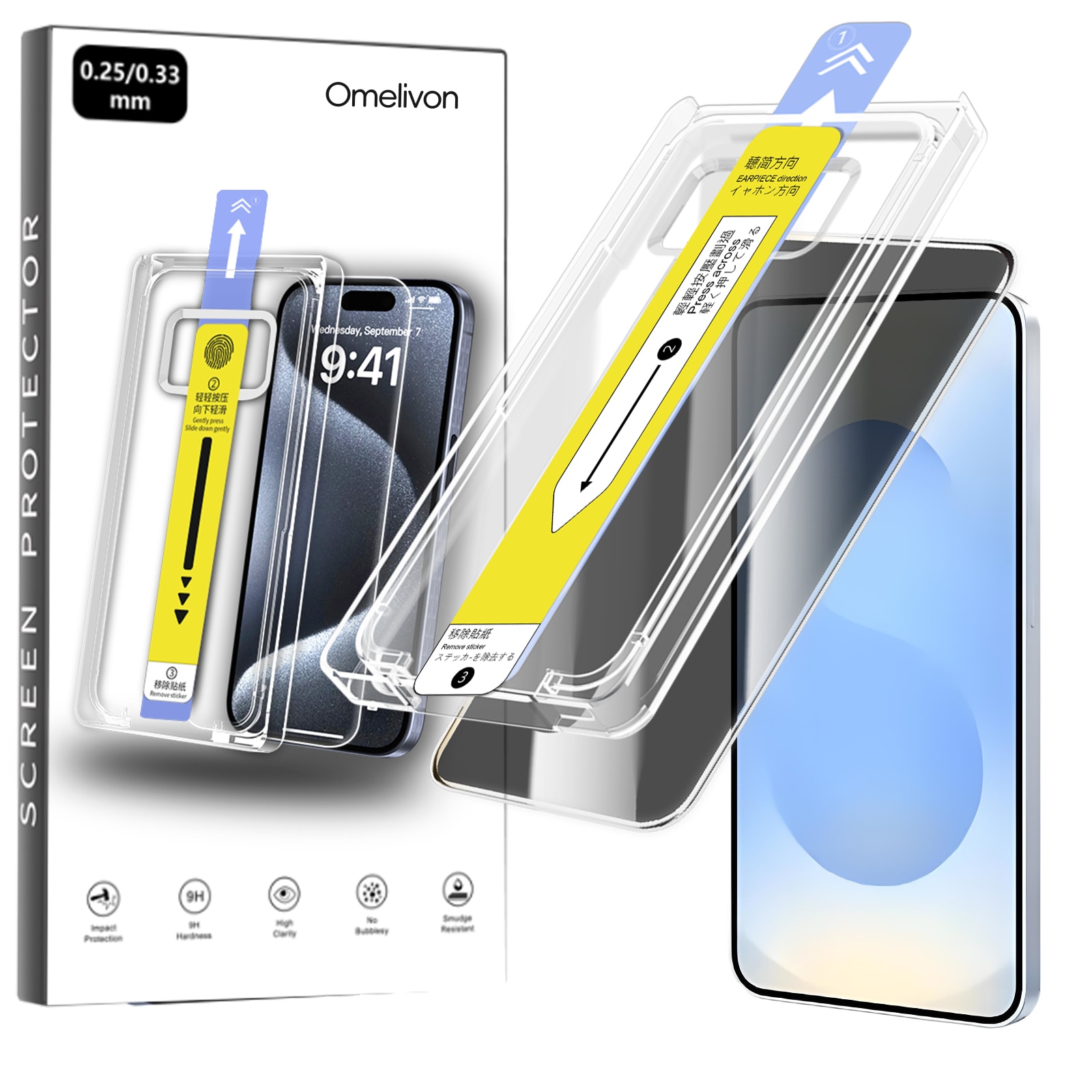 Folie Protectie Privacy compatibila cu Samsung Galaxy S24 / S25, Omelivon, Sticla Securizata, cu Kit de Aplicare Instanta si Functie Automata de Indepartare a Prafului, Duritate 9H+, Ultra HD, Anti Amprente