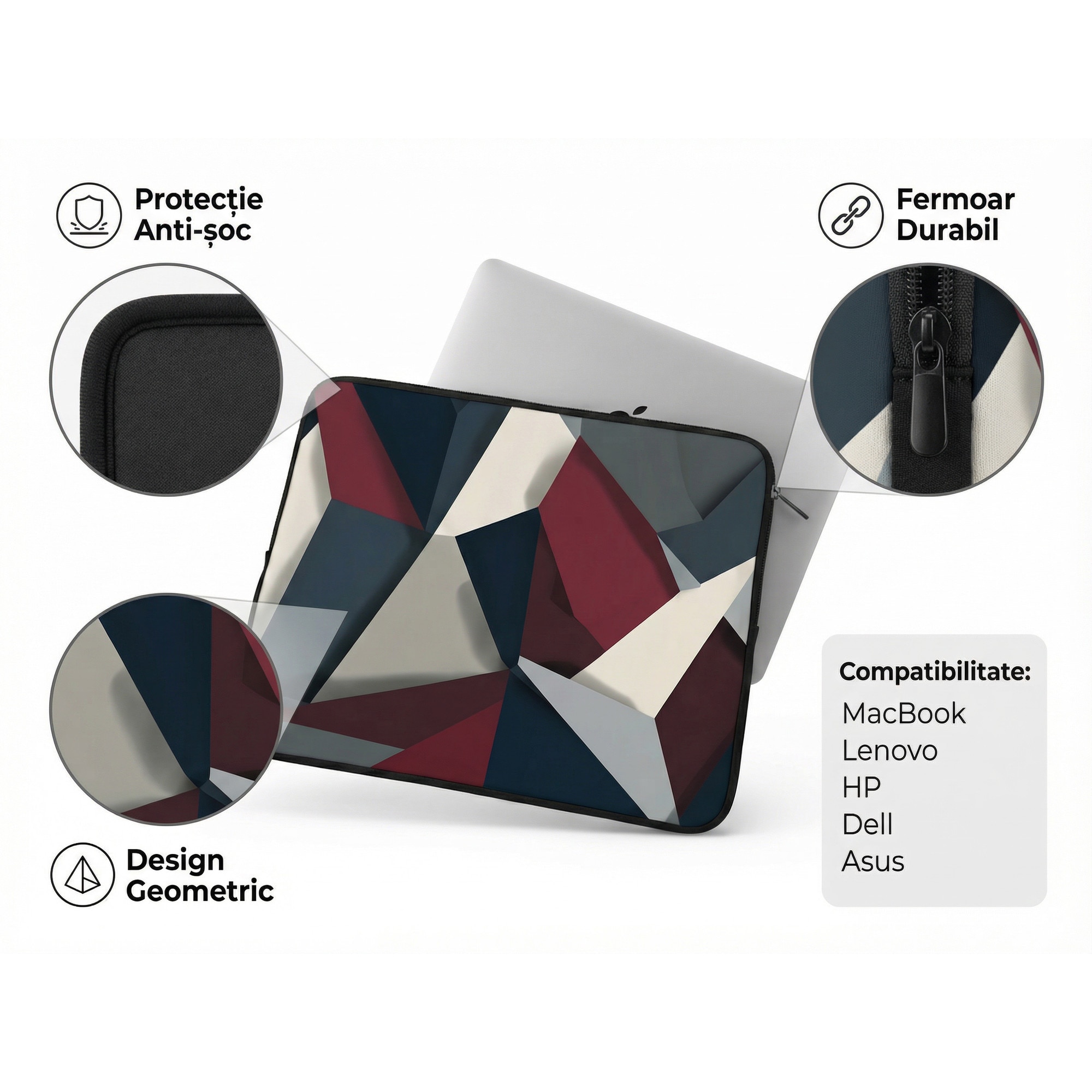Husa pentru MacBook Pro/Air sau Laptop 14-15 inch, Tip Sleeve, Artinplace, Design Artistic,, Geometrie Abstracta", Neopren, Protectie Anti-Soc, Impermeabila, Multicolor