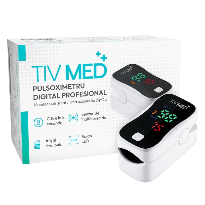 TIV MED Pulsoximetru Digital Profesional, Oximetru de Puls pentru Masurarea Saturatiei de Oxigen SpO2 si Pulsului, Monitor Oxigen Sange cu Ecran LED 3.3 cm, Include 2 Baterii, Alb