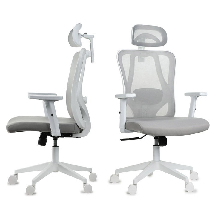 Ергономичен офис стол, Ergotrend FXB, Отговаря на стандартите на BHP, 3D подлакътници, Регулируема на височина седалка, 6D облегалка за глава, Механизъм за накланяне, заключване, Завъртане на 360 градуса, Бяло