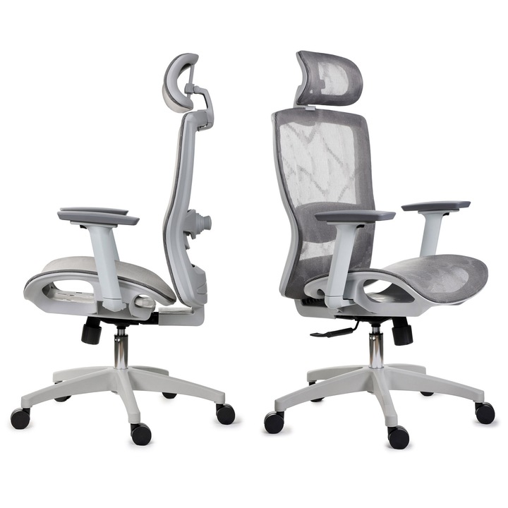 Ергономичен офис стол, Ergotrend FXC, Отговаря на стандартите BHP, Регулируема лумбална опора, 3D подлакътници, Регулируема височина на седалката, Регулируема облегалка за глава, Механизъм за накланяне, Заключване, Завъртане на 360 градуса, Сиво