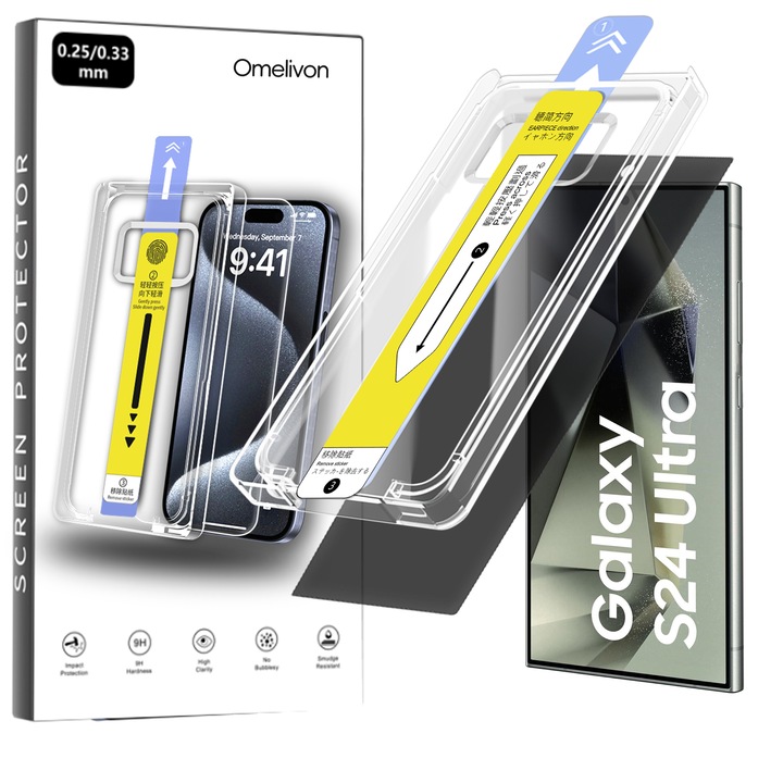 Folie Protectie Privacy, Omelivon, pentru Samsung Galaxy S24 Ultra, Sticla Securizata, Kit de Aplicare, Duritate 9H+, Anti Amprente