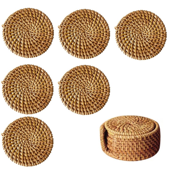 Set 6 suporturi pahare BOMSTOM, ratan, rezistent la caldura, antiderapant, maro, diametru 8 cm, cu suport de depozitare