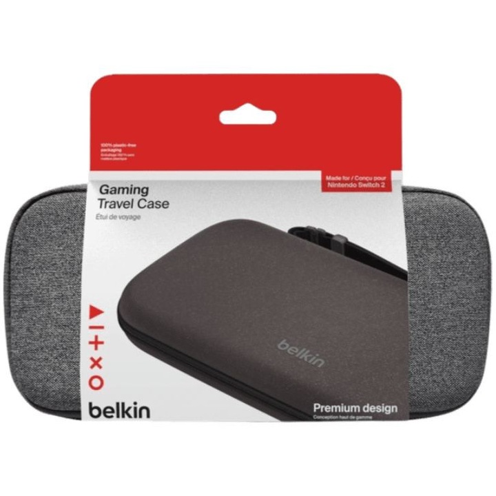 Черен калъф за Nintendo Switch 2, Belkin, компактен, водоустойчив, размери 29x14, 5x5 см