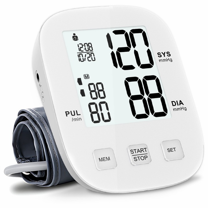 Tensiometru de Brat TITECH™ V8, Complet Automat, Afisaj LCD HD cu Caractere Mari, Detectare Aritmie, Precizie ±3 mmHg, Memorie 2 Utilizatori (2x99), Manseta 22-32cm, Alb