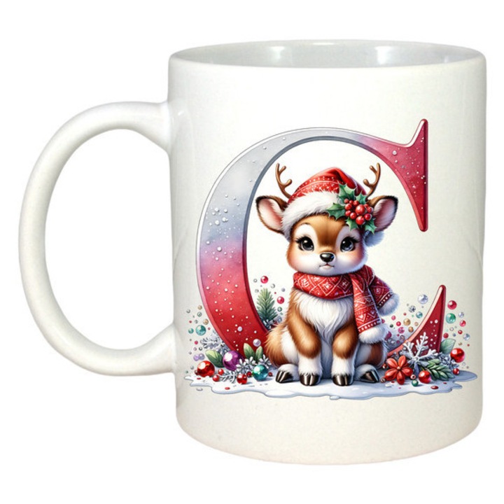 Cana C Litera Craciun Cu Ren Si Fulgi, Craciun, Sarbatori, Cadou, Secret Santa, Cri-Flo, Culoare Alb, 330 ml