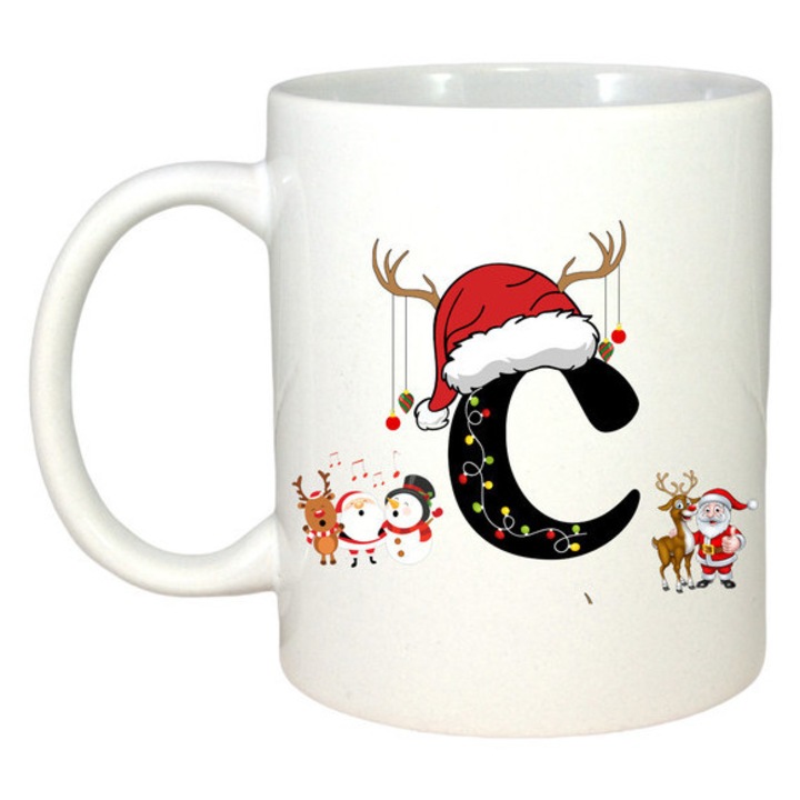 Cana C Litera Cu Luminite Reni Si Mos Craciun, Craciun, Sarbatori, Cadou, Secret Santa, Cri-Flo, Culoare Alb, 330 ml