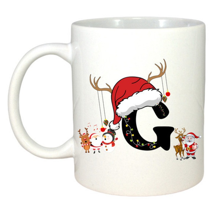 Cana G Litera Cu Luminite Reni Si Mos Craciun, Craciun, Sarbatori, Cadou, Secret Santa, Cri-Flo, Culoare Alb, 330 ml