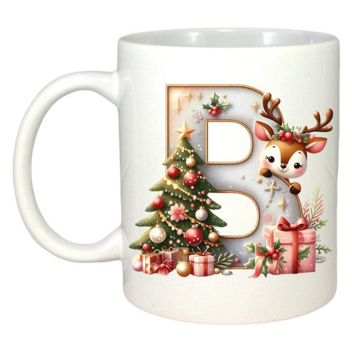 Cana CRI-FLO B Litere Craciun, Ceramica Alb, 330 ml, Cu Ren Si Brad