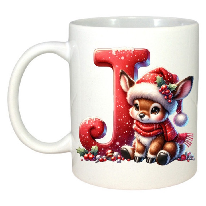 Cana J Litera Craciun Cu Ren Si Fulgi, Craciun, Sarbatori, Cadou, Secret Santa, Cri-Flo, Culoare Alb, 330 ml