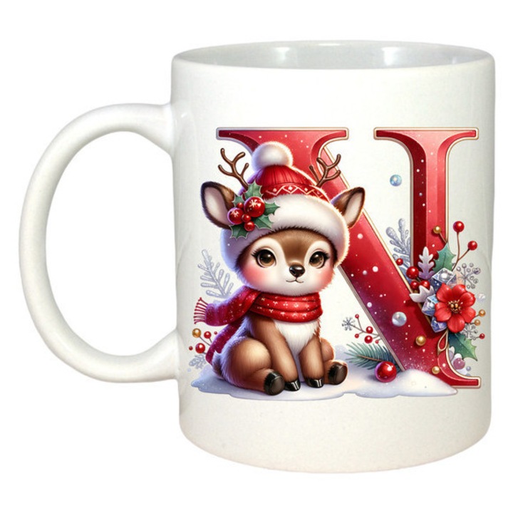 Cana N Litera Craciun Cu Ren Si Fulgi, Craciun, Sarbatori, Cadou, Secret Santa, Cri-Flo, Culoare Alb, 330 ml