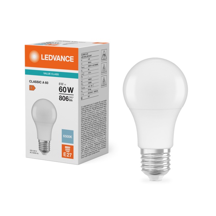 Bec LED E27 8W, LEDVANCE, VALUE CLA60, alb rece, 230V