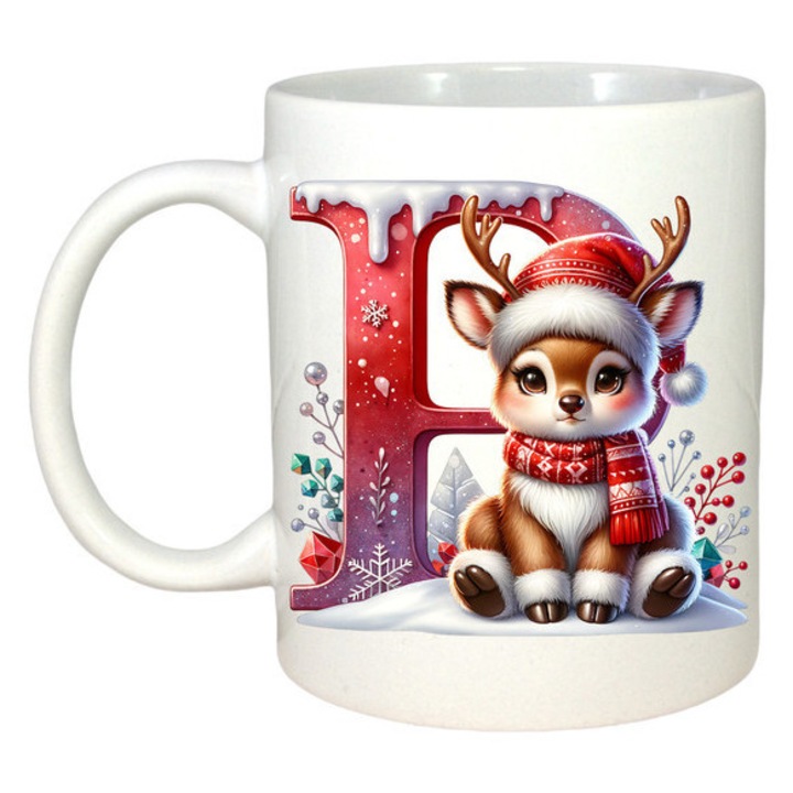 Cana P Litera Craciun Cu Ren Si Fulgi, Craciun, Sarbatori, Cadou, Secret Santa, Cri-Flo, Culoare Alb, 330 ml