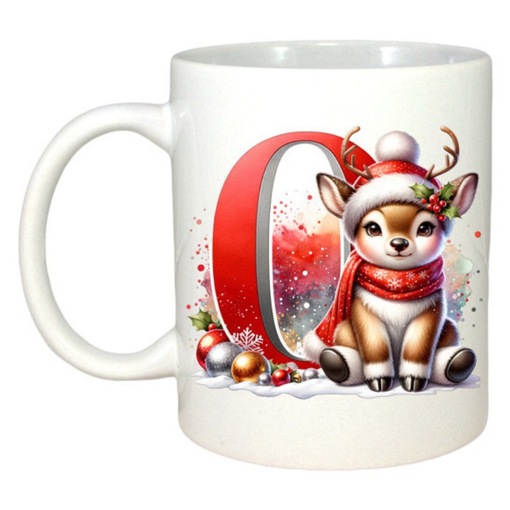 Cana O Litera Craciun Cu Ren Si Fulgi, Craciun, Sarbatori, Cadou, Secret Santa, Cri-Flo, Culoare Alb, 330 ml