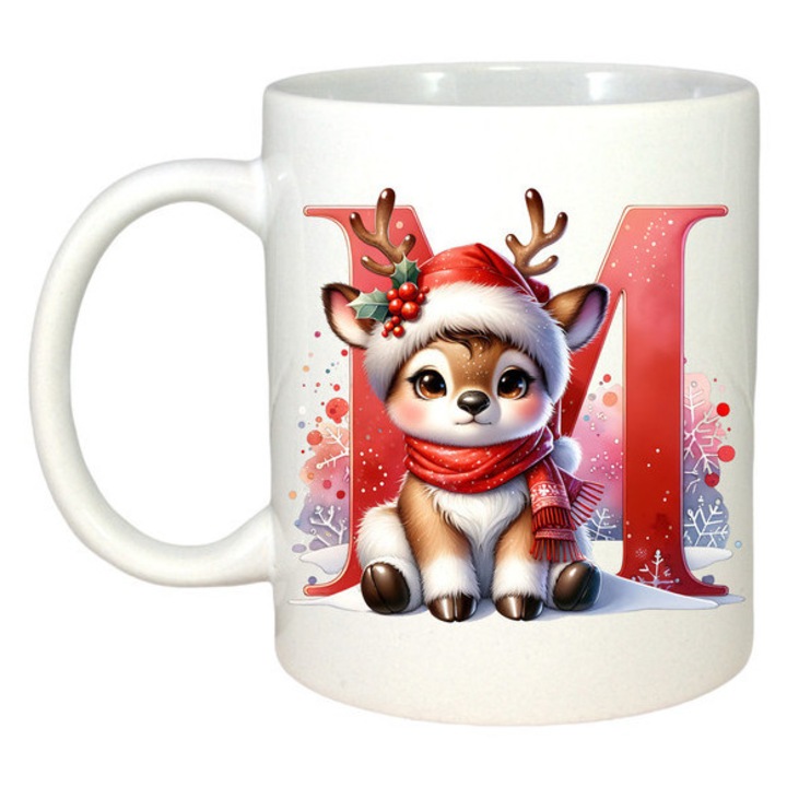 Cana M Litera Craciun Cu Ren Si Fulgi, Craciun, Sarbatori, Cadou, Secret Santa, Cri-Flo, Culoare Alb, 330 ml