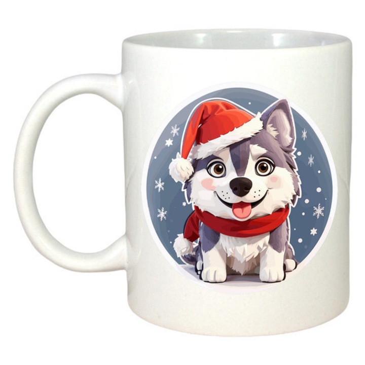 Cana Catel Husky Cu Caciula De Mos, Craciun, Sarbatori, Cadou, Secret Santa, Cri-Flo, Culoare Alb, 330 ml