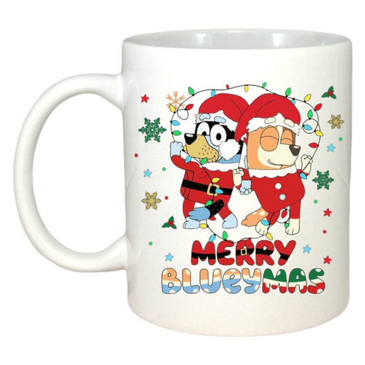 Cana Familie Bluey Craciun Costum Mos, Craciun, Sarbatori, Cadou, Secret Santa, Cri-Flo, Culoare Alb, 330 ml